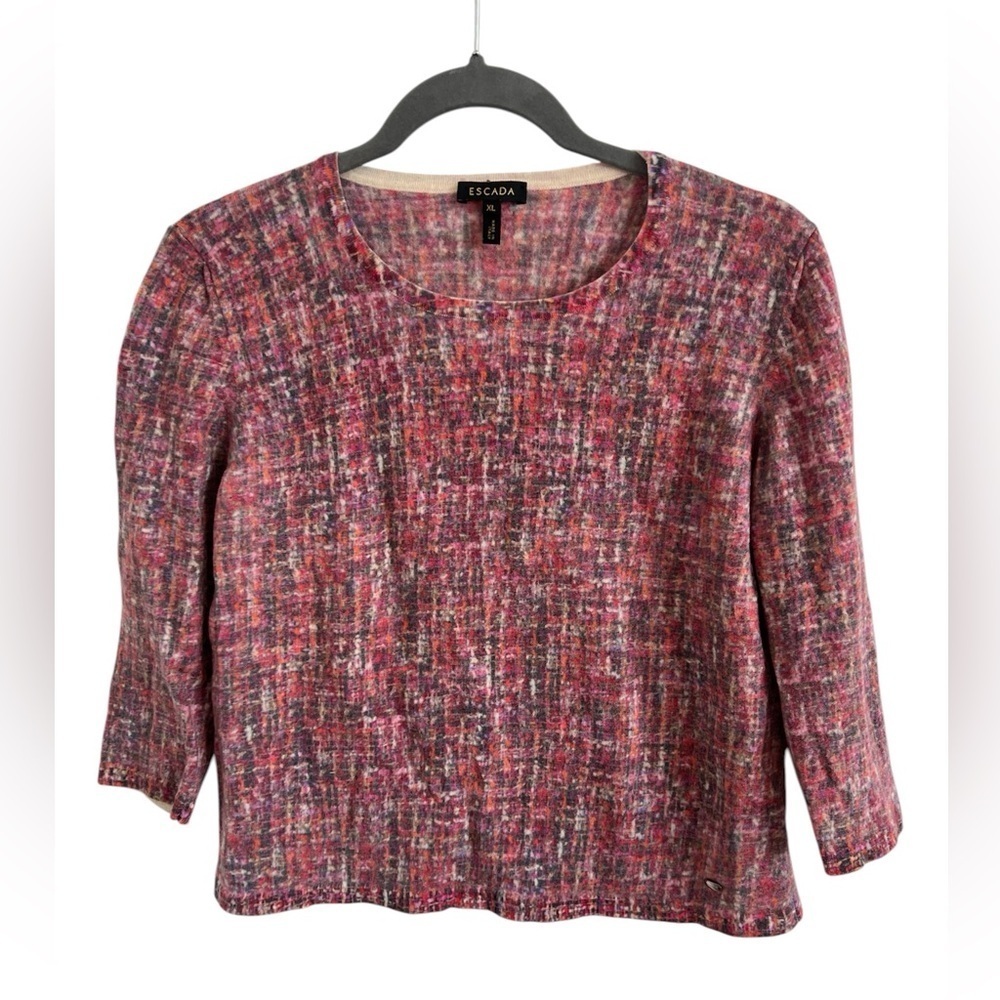 Escada Wool Pink Plaid Tweed Print Sweater with 3/4 Sleeves, size XL